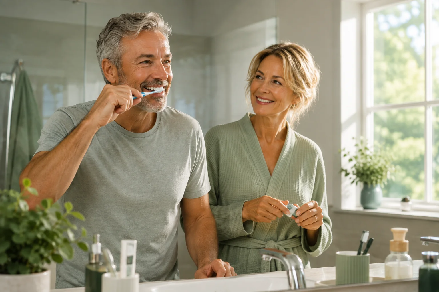 Older couple following a simple daily oral care routine