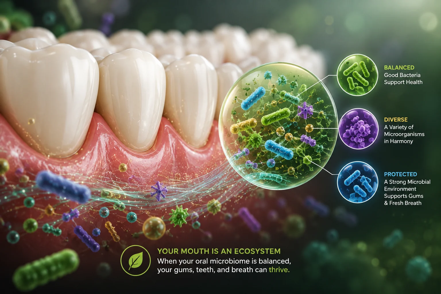 Illustration of the oral microbiome around teeth and gums